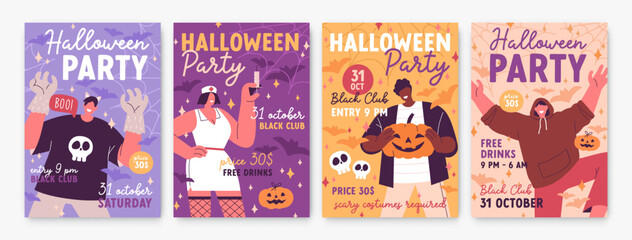 Halloween party flyers set. October holiday ad posters backgrounds. Promotion cards templates, vertical promo banners designs for creepy spooky carnival night. Colored flat vector illustrations
