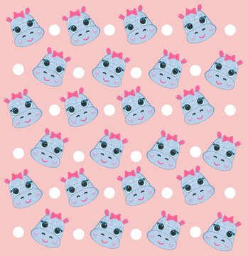 Pattern with hippopotamus heads on a pink background
