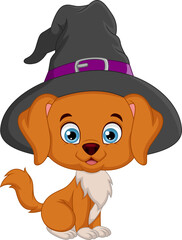 Cute little dog cartoon in a witch hat 