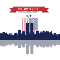 New York skyline silhouette with Twin Towers. 09.11.2001 American Patriot Day banner. NYC World Trade Center. EPS10 vector. - obrazy, fototapety, plakaty