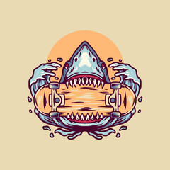 Shark And Skateboard Retro Illustration