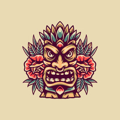 Tiki Statue And Roses Retro Illustration