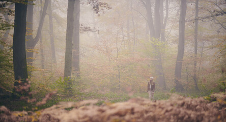 Jeune fille qui se prom&egrave;ne dans la for&ecirc;t en automne