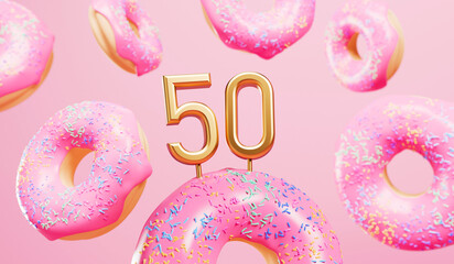 Happy 50th birthday celebration background with pink frosted donuts. 3D Rendering