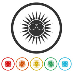 Sun wearing sunglasses icon. Set icons in color circle buttons