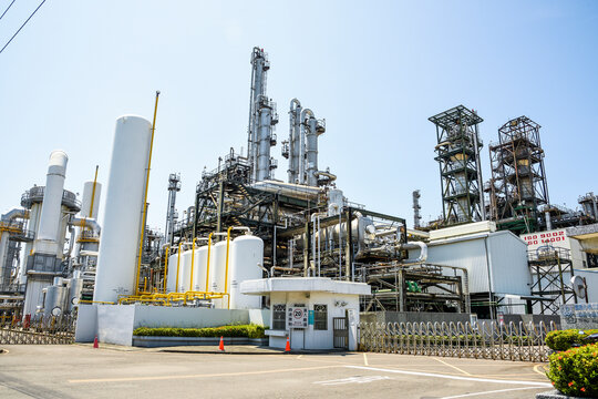 Kaohsiung, Taiwan- September 17, 2021: Building view of the Lin Yuan Industrial District in Kaohsiung, Taiwan. it's an industrial district dominated by the petrochemical industry.