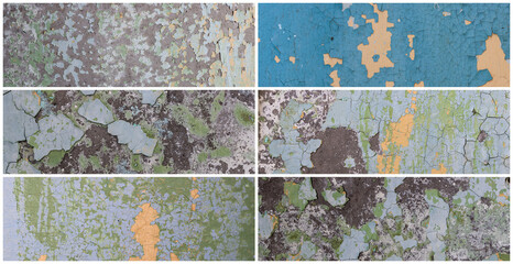 Set of peeling paint textures. Old concrete walls with cracked flaking paint. Weathered rough painted surfaces with patterns of cracks and peeling. Collection of panoramic backgrounds for design.