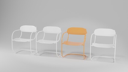 3D rendering of a row of white chairs and a contrasting orange one. Business concept.