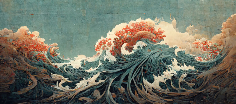 Abstract Hokusai style background. Waves, sea, pink sakura trees.