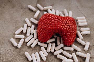 Anatomical thyroid model and pills close-up. Treatment and prevention