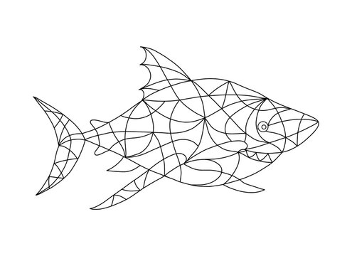 Black and White Illustration in stained glass style with abstract Shark. Image for Coloring Book, Coloring Page, Print, Batik and Window.