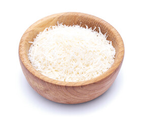 grated Parmesan cheese in wooden bowl isolated on white background