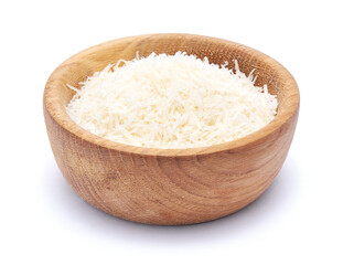grated Parmesan cheese in wooden bowl isolated on white background