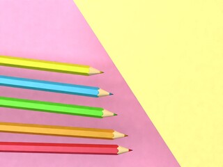 3d rendering five pencils on a pink and yellow background, back to school time