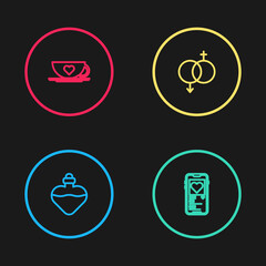 Set line Bottle with love potion, Mobile heart, Gender and Coffee cup and icon. Vector