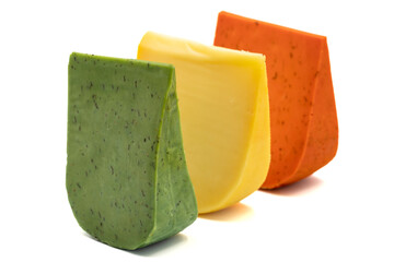 Hard Dutch gouda cheese. Assortment of guoda cheese isolated on a white background. close up