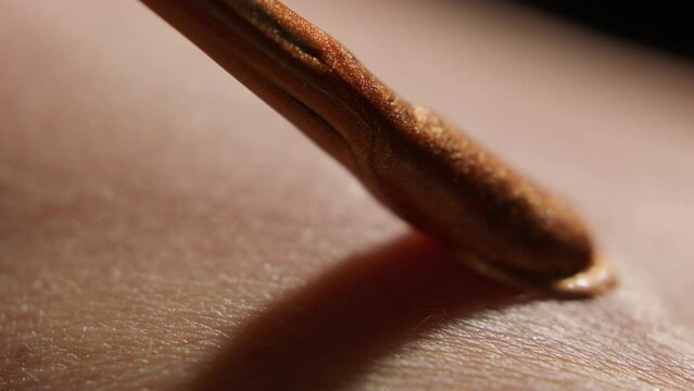 close extremo de pincel passando maquiagem dourada em pele, c&acirc;mera lenta