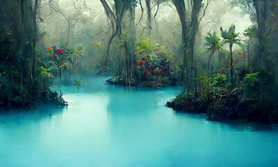 fantasy  hidden blue lagoon in the tropical forest, digital illustration - obrazy, fototapety, plakaty