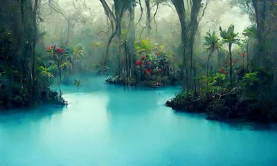 Foto op Canvas fantasy  hidden blue lagoon in the tropical forest, digital illustration © Coka