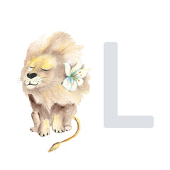 Letter L, lion, cute kids animal ABC alphabet. Watercolor illustration isolated on white background. Can be used for alphabet or cards for kids learning English vocabulary and handwriting