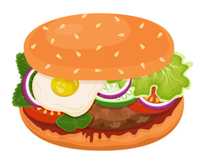 Hamburger. Bun, patty, tomato, cheese, salad greens, onions, sauce. Fast Food. Graphics. Cartoon. Vector. Close-up