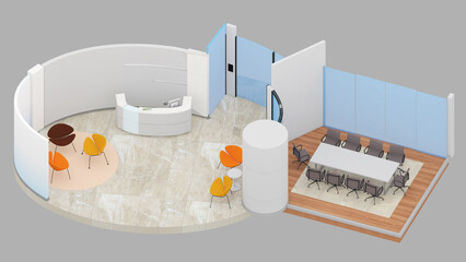 Isometric view of a office space and meeting room,reception area, 3d rendering.