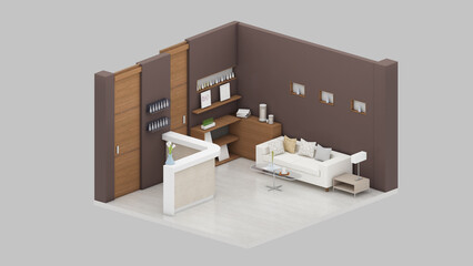 Isometric view of a small lobby lounge,reception area,3d rendering