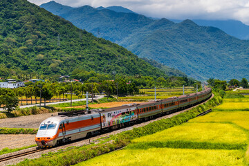 Fototapeta na wymiar Tze-Chiang Limited Express trains through the beautiful countryside of Taitung, Taiwan.