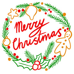 Round circle hand drawn illustration with happy holidays greeting in merry christmas wreath. Green fir tree branches holly berries cookies gingerbread man. Winter december invitation poster .