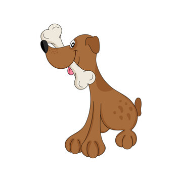 Vector illustration of cartoon fairy dog. Caricature. A dog with a bone in its mouth. Tongue sticking out. Isolated on white background.