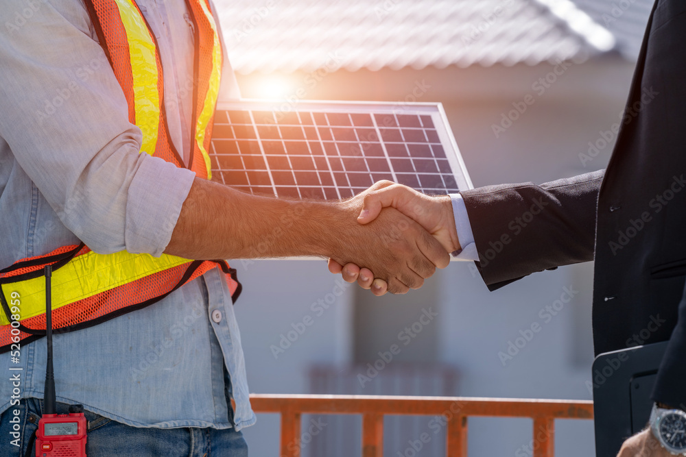 Poster businessman and architecture handshake after discussing about planning and drawing of new houses und