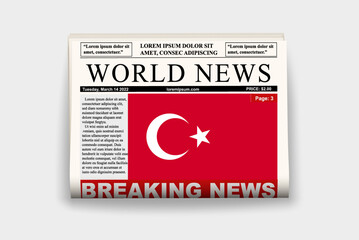 Turkey country newspaper with flag, breaking news on newsletter, news concept, gazette page with headline