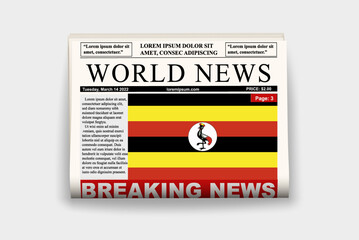 Uganda country newspaper with flag, breaking news on newsletter, news concept, gazette page with headline