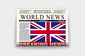 United Kingdom country newspaper with flag, breaking news on newsletter, news concept, gazette page with headline