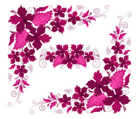 Grape branches, leaves and bunches of grapes in vintage style. Set of design elements for the concept of growing grapes and making wine. Set of vector vintage patterns in red wine color.