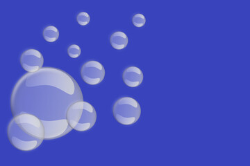 Pattern with transparent floating soap bubbles on blue background.