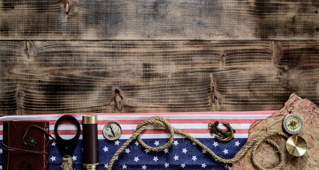 Columbus Day background. Map and discovery of old equipment. Exploration and history of America in...