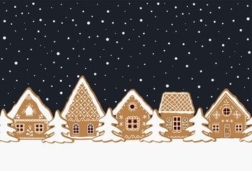 Christmas background. Gingerbread village. Seamless border. Fairytale winter landscape. gingerbread houses and fir trees on a dark blue background. Greeting card template. Vector