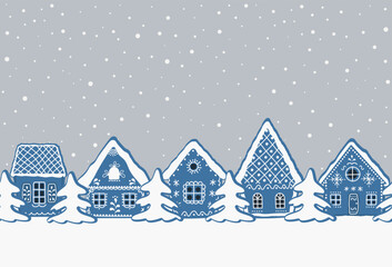 Christmas background. Gingerbread village. Seamless border. winter landscape. blue gingerbread houses and fir trees on a gray background. Greeting card template. Vector