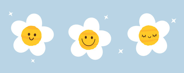 Set of daisy cartoons on blue background vector. Cute childish print.