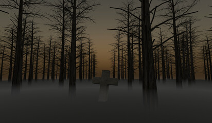 Unknown Grave Stone on a dark Forest with fog