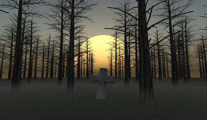 Unknown Grave Stone on a dark Forest with fog and big Sun behind