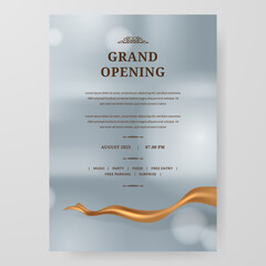 Grand Opening poster celebration with golden fabric satin gold silk ribbon element decoration for luxury elegant vip with silver bokeh background - obrazy, fototapety, plakaty