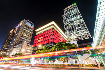 Night view of the plaza in Xinyi Business District, Taipei, Taiwan. the District is Taipei's main...