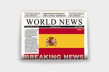 Spain country newspaper with flag, breaking news on newsletter, news concept, gazette page with headline