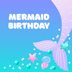 Mermaid birthday. Cute background decorated with of mermaid tails, shell, pearls and star fish. Vector 10 EPS.
