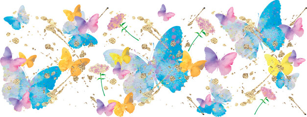 Watercolour illustration with butterflies, flowers, golden splashes. Wedding, Christmas, Holiday, Valentines day, birthday design template. 
