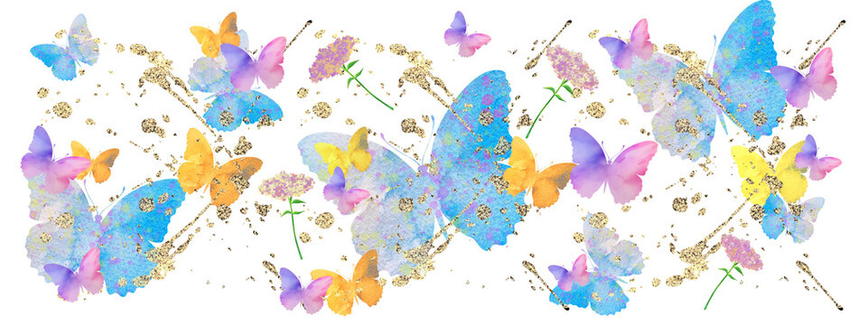 Watercolour illustration with butterflies, flowers, golden splashes. Wedding, Christmas, Holiday, Valentines day, birthday design template. 