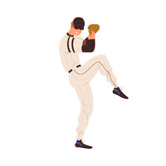 Baseball player, pitcher in pitch glove. Athlete thrower playing base ball, softball. Sports man during field game. Happy sportsman in motion. Flat vector illustration isolated on white background