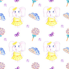 Handdrawn watercolor candy and elephant seamless pattern children's textile. Scrapbook design, typography poster, label, banner, post card.